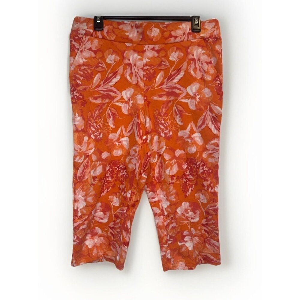 Belle by Kim Gravel Women’s Coral Floral Pull On Capri Pant Stretch Sz Petite M